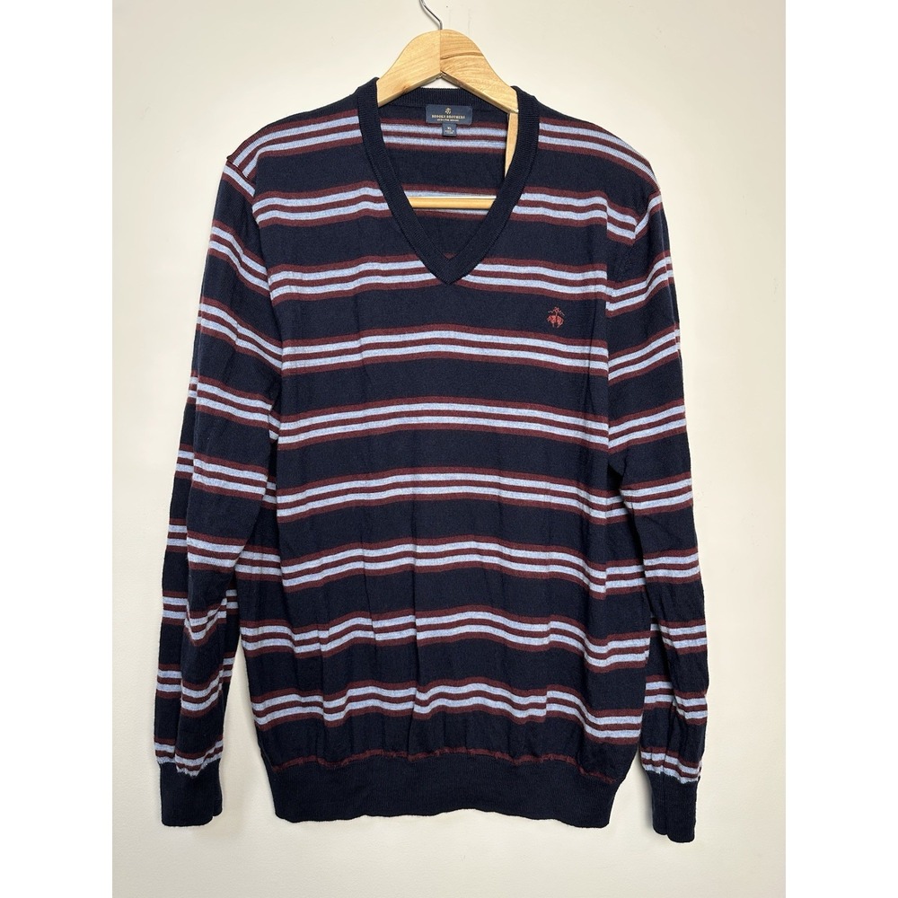 BROOKS BROTHERS Mens V-Neck Jumper‎ Sweater Size XL Blue Red Striped Merino Wool